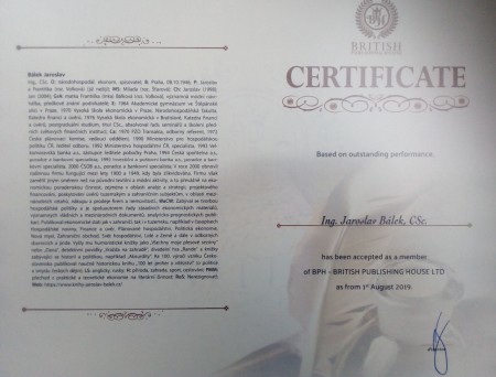 Certifikát členství v BPH - BRITISH PUBLISHING HOUSE LTD